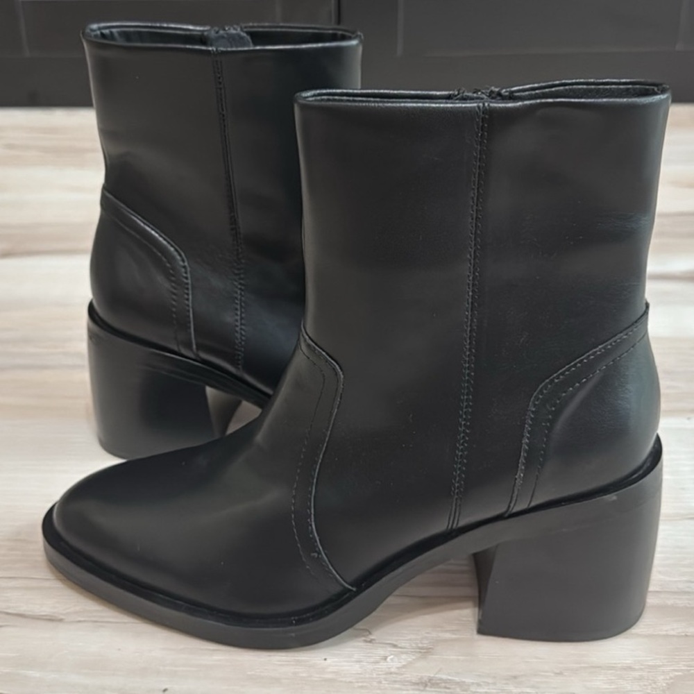 Steve Madden Phillie Black Leather Ankle Boots | 2” Block Heel | Zip Booties - Picture 3 of 8